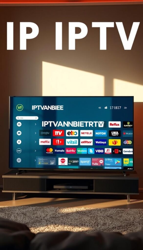 High-definition IPTV service for Germany, showcasing a vast array of premium channels and content. A sleek, modern television display with a minimalist design, rendered in realistic detail. The screen prominently features the IPTVANBIETERTV brand name, with a clean, striking interface highlighting the extensive channel selection. The setup is bathed in warm, natural lighting, creating a cozy, inviting atmosphere. The image conveys a sense of quality, reliability, and the vast entertainment options available to German IPTV subscribers.