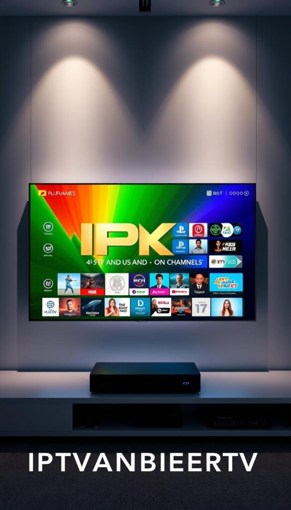 High-definition IPTV subscription service presented in a sleek, modern design. A large 4K Ultra HD television screen takes center stage, showcasing a vibrant, diverse selection of live channels and on-demand content. The IPTVANBIETERTV logo is prominently displayed, conveying a sense of professionalism and reliability. The background features a clean, minimal setting with subtle lighting, allowing the television screen to be the focal point. The overall atmosphere is one of premium quality, technological sophistication, and a comprehensive entertainment experience.