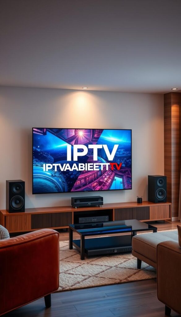 High-quality IPTV streaming service in a modern, minimalist living room setting. A large, high-definition TV screen displays crystal-clear video with vibrant colors and deep blacks. Sophisticated home entertainment system with sleek black audio equipment and subtle ambient lighting. The IPTVANBIETERTV logo is prominently featured, conveying a sense of premium quality and reliability. Warm, cozy atmosphere with wooden accents and plush furniture creates an inviting, immersive viewing experience. Crisp, detailed imagery with a cinematic, HDR-like quality, capturing the technical prowess and visual fidelity of the IPTV service.