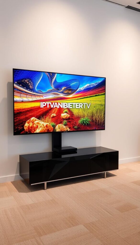 High-quality IPTV streaming with a modern, minimalist interface. A sleek 4K television set displaying vivid, high-definition video playback. Crisp, clear imagery with accurate color representation and deep blacks. Smooth motion and low latency for an immersive viewing experience. IPTVANBIETERTV branding prominently featured in the center, complemented by a contemporary, geometric design. Soft, even lighting illuminates the scene, creating a polished, professional atmosphere. The setup is positioned against a simple, uncluttered background, allowing the screen and branding to take center stage.