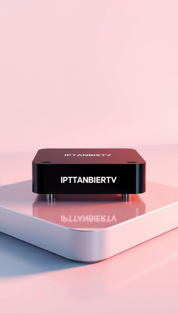 High-quality, realistic 3D rendering of a modern TV set-top box with the branding "IPTVANBIETERTV" prominently displayed on the front panel. The box is sitting on a sleek, minimalist glass or metal surface, illuminated by warm, soft lighting that creates a sense of sophistication and premium quality. The background is a clean, white studio setting, with subtle reflections and shadows that add depth and dimension to the scene. The composition emphasizes the box's elegant design and advanced features, conveying a sense of reliable, high-performance IPTV service.