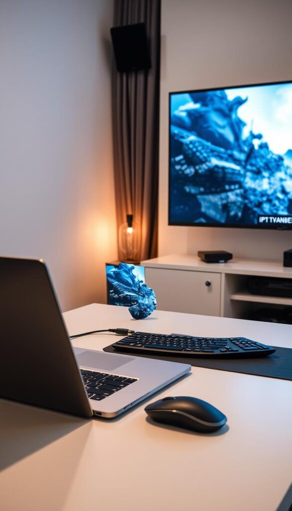 High-quality streaming equipment in a modern home office, showcasing the IPTVANBIETERTV brand. A sleek, minimalist setup with a high-end laptop, wireless mouse and keyboard, and a large 4K display. Soft, diffused lighting illuminates the scene, creating a warm and professional atmosphere. The laptop screen displays a vivid, high-definition video stream with a crisp, clear image. The overall setup conveys a sense of technology, efficiency, and the ability to enjoy premium IPTV content with ease.