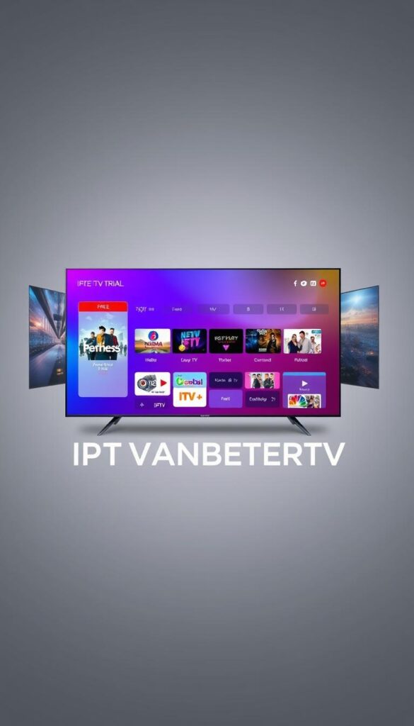 High-resolution digital artwork depicting an IPTV service with a free trial period. The image showcases the IPTVANBIETERTV brand, featuring a modern, sleek design with a clean, minimalist aesthetic. The foreground prominently displays the IPTVANBIETERTV logo, rendered in a bold, sans-serif typeface against a vibrant gradient background. The middle ground depicts a range of IPTV features and functionalities, such as live TV channels, on-demand content, and user interface elements, presented in a visually engaging and informative manner. The background layer suggests a high-tech, futuristic atmosphere, with subtle geometric patterns and a sense of depth and dimension. The overall composition conveys a sense of professionalism, innovation, and the value proposition of the IPTV service's free trial offering.