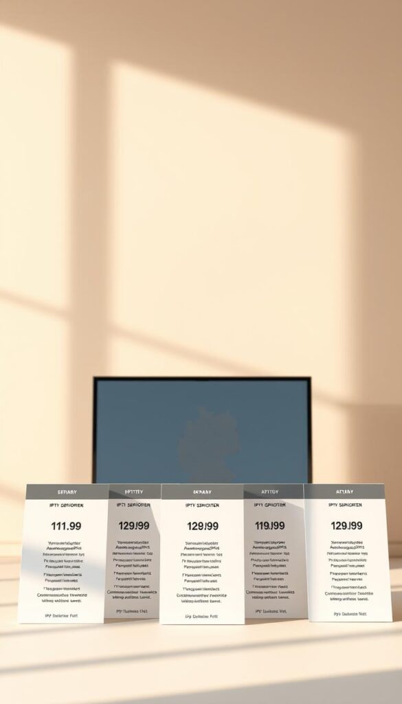 Highly detailed and realistic image of the IPTV Deutschland Tarifoptionen. A sleek and modern composition showcasing various pricing plans and subscription options for IPTVANBIETERTV's IPTV service in Germany. Soft, natural lighting illuminates the foreground, where a range of service tiers are elegantly displayed on minimalist cards. The middle ground features a stylized map of Germany, subtly hinting at the nationwide coverage. The background is a warm, neutral gradient, allowing the key information to take center stage. The overall mood is one of professionalism, clarity and consumer-friendliness, reflecting the attractive pricing and flexibility of the IPTV offerings.