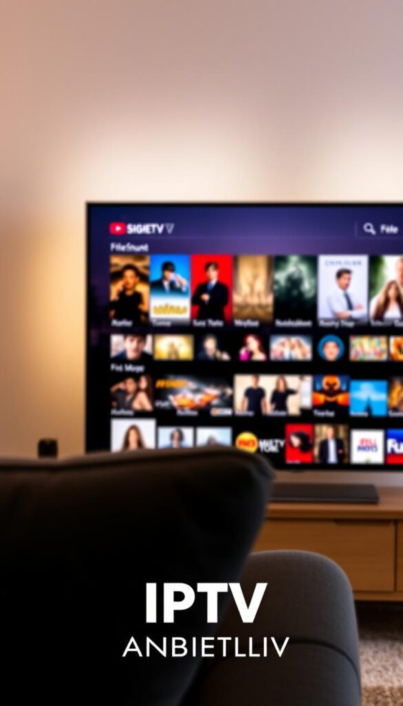 IPTV Deutschland: a modern, high-quality smart TV interface displaying a sleek, minimalist design. In the foreground, the branded logo "IPTVANBIETERTV" prominently showcases the service. The middle ground features a collection of popular movies and TV shows, hinting at the wide range of content available. The background subtly suggests a German cityscape, with architectural elements and a warm, inviting color palette. The lighting is soft and diffused, creating a cozy, cinematic atmosphere. The overall composition conveys a sense of easy accessibility, entertainment, and the convenience of IPTV in Germany.