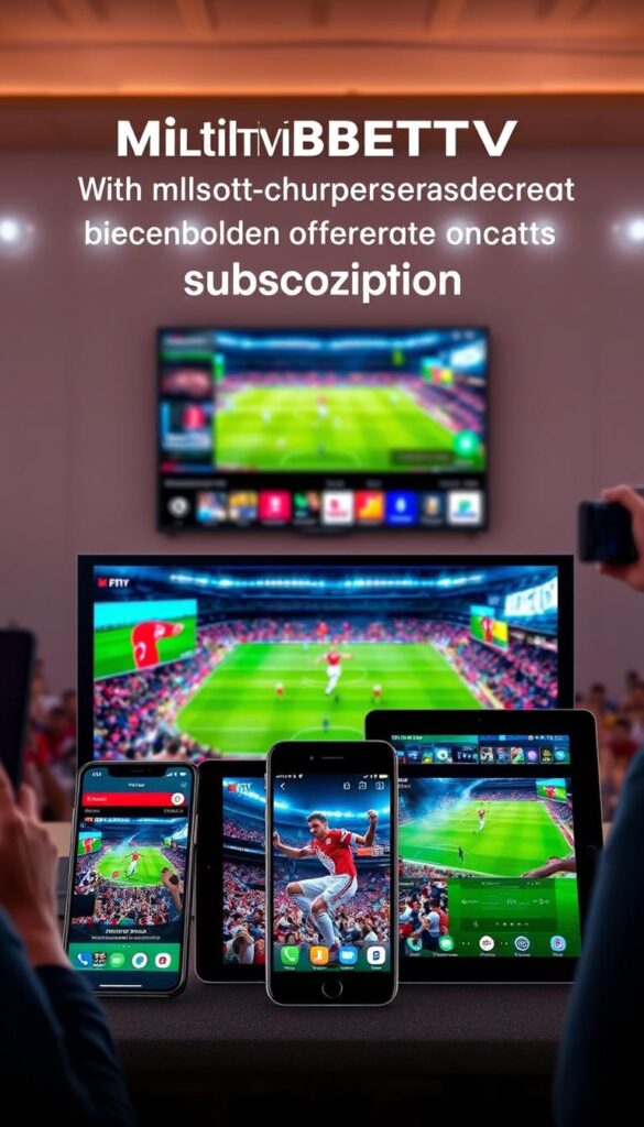Multidevice-supported IPTVANBIETERTV sports channel subscription, featuring a modern and sleek interface. In the foreground, multiple devices including a smart TV, smartphone, and tablet seamlessly display live sports action. The middle ground showcases a dynamic, high-definition sports broadcast with vibrant colors and sharp details. The background sets a mood of excitement and anticipation, with stadium lights and cheering crowds visible through a cinematic lens. Captured with a wide-angle, high-resolution camera to emphasize the comprehensive, cross-platform viewing experience.