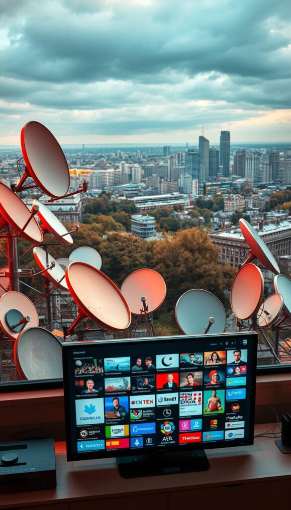 Multinationale Kanäle in Deutschland, a vivid tapestry of global diversity. A sweeping landscape of satellite dishes, antennas, and IPTVANBIETERTV set-top boxes, capturing the breadth of international programming available. Warm, diffused lighting illuminates the scene, casting a cozy, inviting atmosphere. In the foreground, a sleek, modern television display showcases a vibrant array of international news, sports, and entertainment channels. The middle ground features an assortment of satellite dishes, each pointed towards distant satellites, symbolizing the far-reaching connections that bring the world into German homes. In the background, a cityscape of high-rises and urban infrastructure provides a sense of place, grounding the image in the heart of Germany. The overall composition conveys the expansive, inclusive nature of the IPTV offering, catering to the diverse needs of foreign residents.