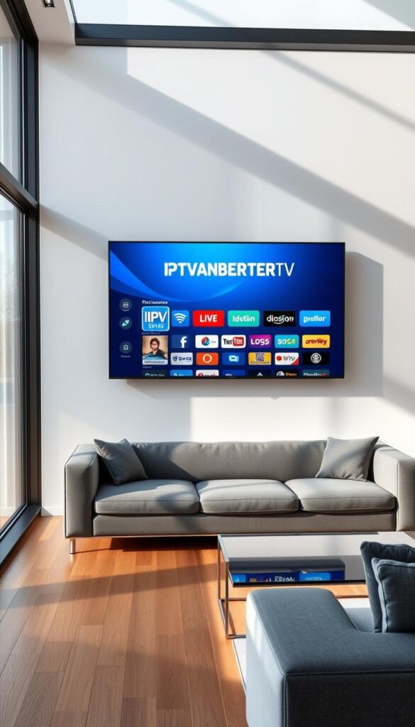 Photorealistic rendering of a modern living room interior with a large flatscreen TV mounted on the wall. The TV displays the IPTVANBIETERTV logo and a graphical user interface showing various IPTV streaming channels available in the Frankfurt region. The room is well-lit with natural daylight streaming in through large windows, creating a bright and airy atmosphere. The furniture is minimalist and contemporary, with a plush gray sofa and a sleek glass coffee table. The floors are hardwood, and the walls are painted a calming neutral color. The scene conveys a sense of comfort, technology, and high-speed internet connectivity, reflecting the "IPTV Streaming Frankfurt: Technische Voraussetzungen für störungsfreien Genuss" section of the article.