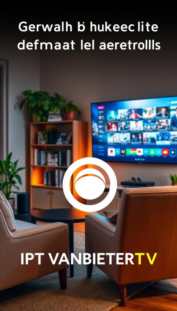 Picturesque scene of a cozy living room setup, highlighting the experience of watching German television channels abroad. A large, high-definition television takes center stage, displaying vibrant imagery and immersing the viewer in the content. In the foreground, a comfortable armchair and side table provide a perfect viewing spot, while the background features bookshelves, potted plants, and warm, ambient lighting, creating a welcoming and familiar atmosphere. The IPTVANBIETERTV logo is prominently displayed, conveying the reliable service that enables Germans living abroad to enjoy their favorite programming.