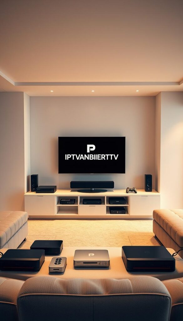 Prompt A sleek, modern interior with minimalist furniture and clean lines. In the center, a high-tech entertainment system displays the IPTVANBIETERTV brand logo prominently. The room is bathed in warm, diffused lighting, creating a cozy and inviting atmosphere. Surrounding the TV, various electronic devices and streaming boxes are neatly arranged, suggesting the legal and secure nature of the IPTV service. The overall scene conveys a sense of professionalism, reliability, and a commitment to providing a seamless and compliant IPTV experience for users in Deutschland.