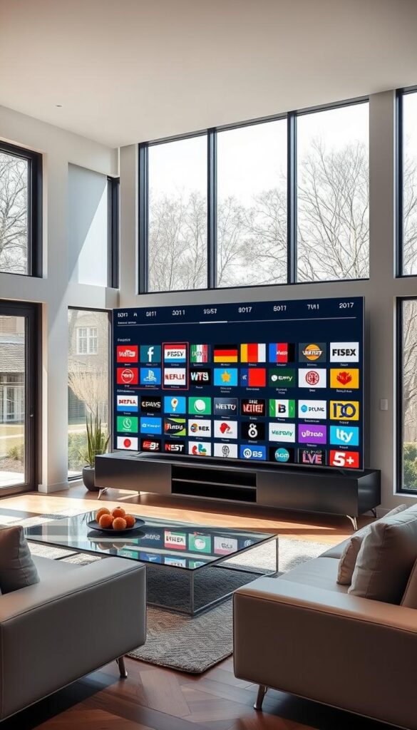 Scenic live stream setting with a large display showcasing a diverse array of German television channels from the IPTVANBIETERTV service. The screen is prominently positioned in a modern, minimalist living room with sleek furniture and large windows allowing natural light to flood the space. A cozy, relaxed atmosphere pervades the scene, inviting viewers to settle in and enjoy the wide selection of programming. The image should convey a sense of quality, reliability, and comprehensive entertainment options catered to a range of tastes, reflecting the article's subject and section title.