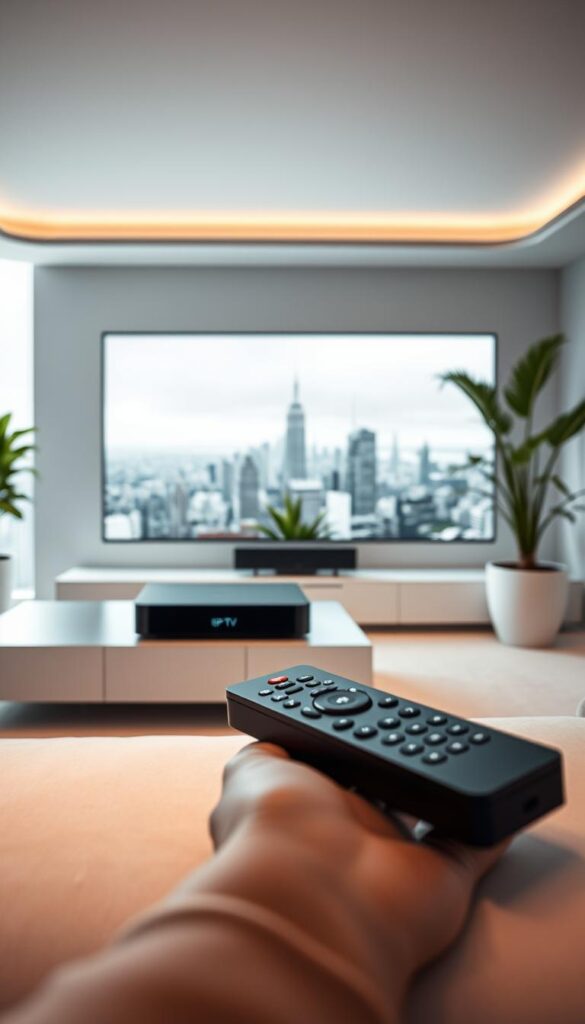 Sicheres IPTV mit VPN: A high-quality, modern digital television experience with robust online privacy protection. A serene, futuristic living room scene showcases a sleek IPTVANBIETERTV set-top box connected to a large, immersive display. Soft, diffused lighting creates a calming ambiance, while the minimalist, contemporary design of the room exudes sophistication. In the foreground, a remote control in an elegant, geometric shape highlights the seamless user interaction. The middle ground features lush, verdant houseplants, hinting at a commitment to sustainability. The background depicts a sweeping cityscape through floor-to-ceiling windows, symbolizing the boundless entertainment options accessible through the secure IPTV service. An overall sense of digital security, comfort, and cutting-edge technology permeates the scene.
