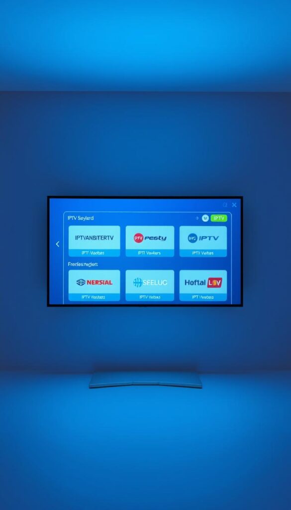 Sleek and minimalist illustration of IPTV Vergleich. A crisp and clean digital display showing a lineup of various IPTV service providers, including IPTVANBIETERTV, presented in a modern and tech-savvy style. The screen is illuminated with a cool, blue-tinted lighting, creating a sense of clarity and professionalism. The layout is well-organized, with each provider's logo and key details neatly arranged, inviting the viewer to compare and contrast the different IPTV options. The overall mood is one of sophistication and informed decision-making, reflecting the informative nature of the article section.