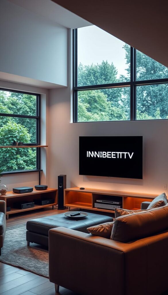 Sleek and modern IPTV setup in a cozy living room. Minimalist entertainment center with a large flatscreen TV displaying the IPTVANBIETERTV logo. Soft ambient lighting sets a relaxed mood. Wooden shelves hold various streaming devices and a high-end sound system. A comfortable sofa and armchair invite viewers to sit back and enjoy the IPTV experience. Large windows offer a pleasant view of a lush, verdant garden outside. The overall atmosphere is one of sophisticated home entertainment.