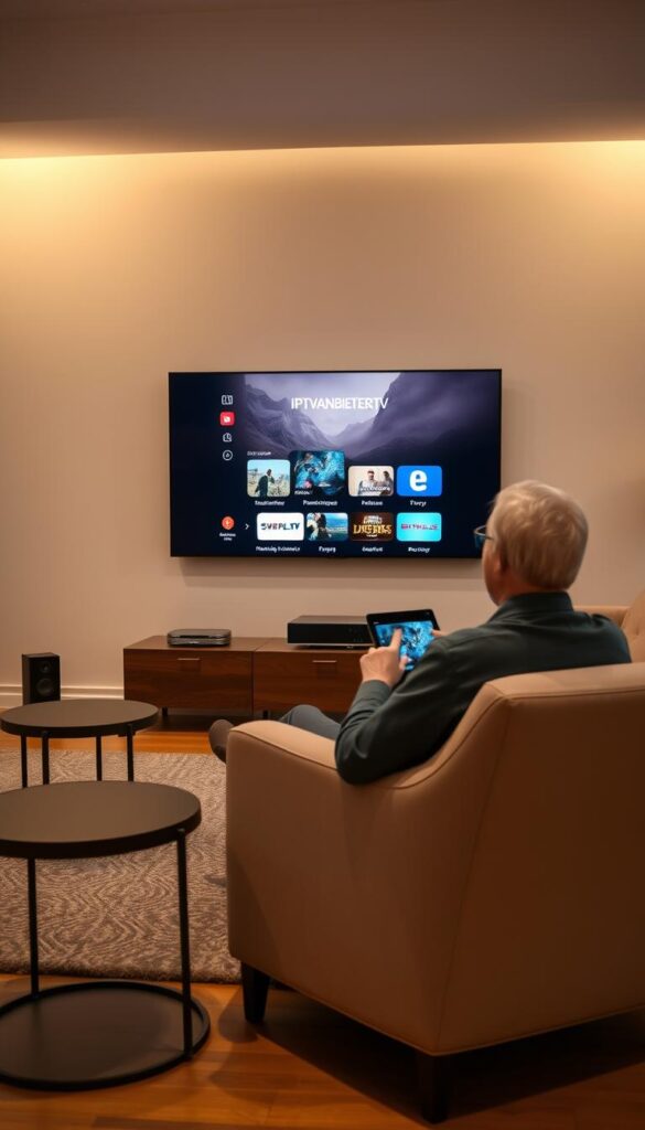 Sleek and modern living room with a large flat-screen TV on the wall. Cozy armchair and side table in the foreground, with a warm lighting setup highlighting the scene. In the middle ground, a person sitting on the couch, using a tablet to navigate the IPTVANBIETERTV interface on the TV screen. The background features a minimalist, contemporary decor with subtle hints of technology, such as smart home devices or streaming equipment, creating an atmosphere of seamless integration of old and new. The image conveys a sense of comfort, convenience, and technological savvy for older users of IPTV services.