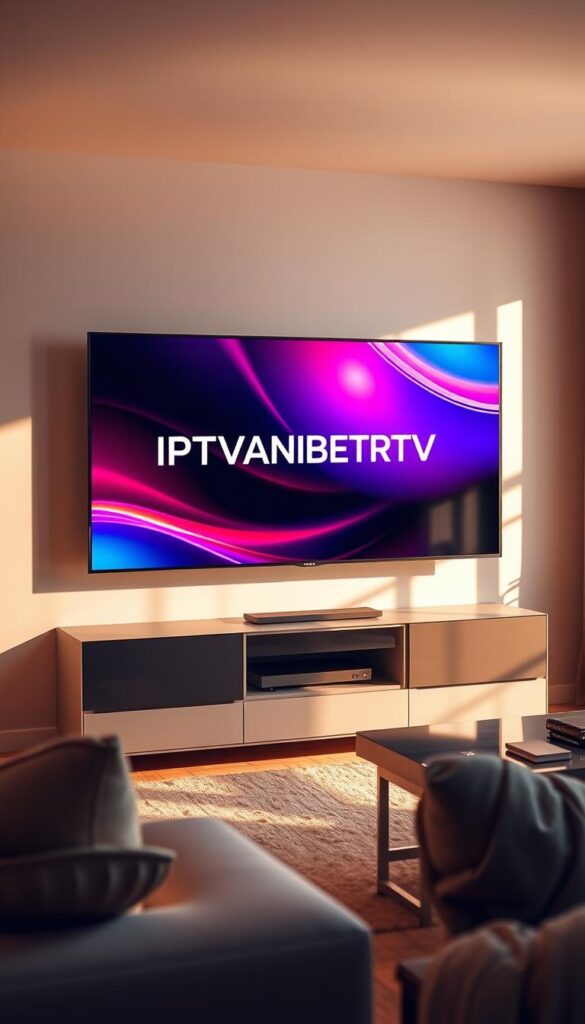 Stunning 4K resolution streaming quality, with vibrant colors and exceptional detail. A sleek, modern television set displays the IPTVANBIETERTV logo, showcasing its advanced streaming capabilities. The scene is bathed in warm, natural lighting, creating a cozy, immersive atmosphere. The television is positioned in a minimalist, well-appointed living room, with clean lines and neutral tones. The image conveys a sense of high-end technology and premium viewing experience, perfectly capturing the essence of 4K streaming quality.