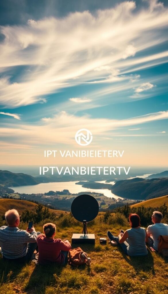 Stunning panoramic landscape showcasing the sleek and modern IPTVANBIETERTV service in Germany. Crisp, high-resolution image with a warm, inviting color palette. Centered composition highlights the IPTVANBIETERTV logo against a backdrop of rolling hills, a tranquil lake, and a vibrant blue sky with wispy clouds. Soft, natural lighting illuminates the scene, creating a sense of depth and dimension. The foreground features a group of people relaxing and enjoying the IPTVANBIETERTV experience on their various devices, conveying the user-friendly and reliable nature of the service. The middle ground showcases state-of-the-art IPTV technology, including a satellite dish and streaming devices, while the background depicts the scenic German countryside, emphasizing the wide availability and accessibility of IPTVANBIETERTV across the nation.