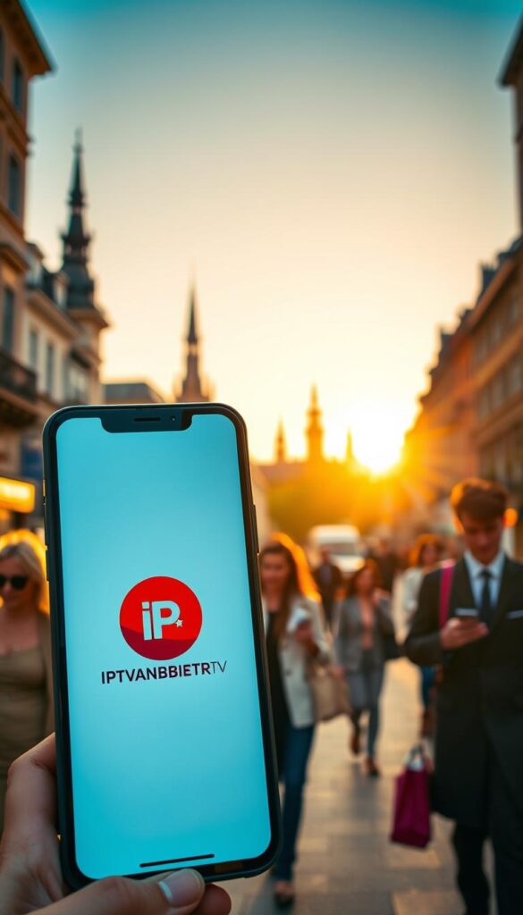 Vibrant cityscape at golden hour, capturing the bustling life of German expats abroad. In the foreground, a smartphone screen displays the IPTVANBIETERTV logo, showcasing the ease of accessing IPTV services. Middle ground features well-dressed individuals strolling through a picturesque European street, stopping to check their devices. In the background, iconic architecture and landmarks symbolize the cultural vibrancy of the expat's new home. Warm, cinematic lighting enhances the sense of wanderlust and global connectivity. Crisp, high-resolution photography with a shallow depth of field, drawing the viewer's eye to the central IPTV service offering.