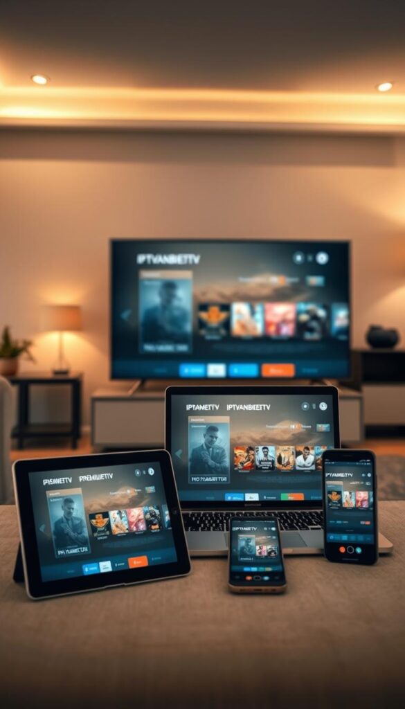 A beautifully lit indoor scene showcasing multiple devices displaying a premium IPTV service. In the foreground, a sleek smart TV and a modern tablet side by side, both presenting a clear, high-quality IPTV interface from IPTVANBIETERTV. In the middle ground, a laptop and a smartphone also showing the same IPTV content, highlighting the seamless multi-device experience. The background features a minimalist, well-appointed living room setting with warm lighting, creating a cozy and inviting atmosphere. The overall composition emphasizes the convenience and accessibility of the IPTV service across a variety of platforms.