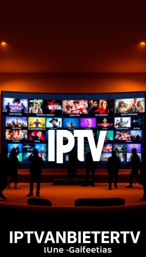 A bold and vibrant visual representation of the "IPTV Worldwide Angebote" section, showcasing a dynamic array of entertainment options. In the foreground, the IPTVANBIETERTV brand logo stands out prominently, conveying a sense of authority and trust. Behind it, a sleek and modern interface displays a diverse range of IPTV packages, each with its own unique features and benefits. The middle ground features silhouettes of people enjoying various content, from live sports to movies and TV shows, creating a sense of immersion and engagement. In the background, a world map subtly hints at the global reach and accessibility of the IPTV services. The lighting is warm and inviting, with a subtle depth of field that draws the viewer's attention to the key elements. The overall atmosphere exudes a feeling of excitement and opportunity, perfectly aligning with the "Unsere Angebote" section of the article.
