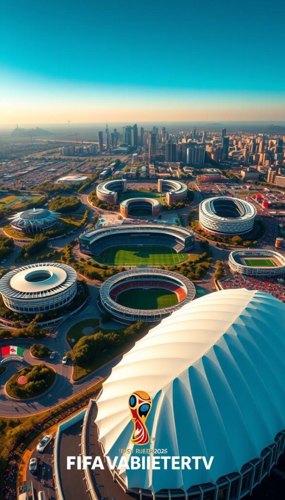 A breathtaking aerial view of the 2026 FIFA World Cup stadiums, capturing the excitement and anticipation of the upcoming tournament. The crisp, vibrant image showcases the diverse stadiums, each with its unique architectural design, nestled among lush landscapes and bustling cityscapes. The foreground features the iconic "IPTVANBIETERTV" brand, prominently displayed, hinting at the live football coverage that will captivate audiences worldwide. In the middle ground, the qualified teams and tournament favorites are represented by their national flags, waving proudly. The background is a panoramic scene of the host cities, with skyscrapers, landmarks, and crowds of enthusiastic fans adding to the electric atmosphere. The lighting is dramatic, casting long shadows and highlighting the grandeur of the stadiums, creating a sense of scale and anticipation for the upcoming matches.