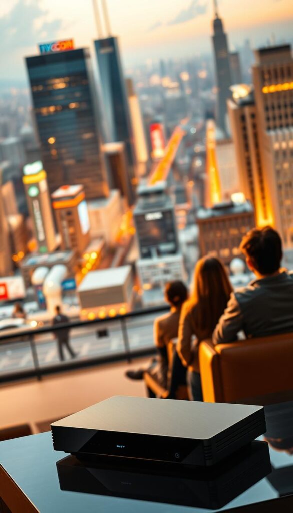 A breathtaking cinematic scene showcasing the advantages of IPTV over traditional TV. In the foreground, a sleek and modern IPTVANBIETERTV set-top box sits prominently, its crisp display reflecting the vibrant colors of the content it delivers. The middle ground features a group of people, each immersed in their own personal viewing experience, effortlessly accessing a vast library of on-demand movies, live sports, and niche programming. The background paints a dynamic landscape, with towering skyscrapers and bustling city streets, conveying the sense of boundless entertainment options available through IPTV. Warm, golden lighting bathes the scene, creating a inviting and comfortable atmosphere. The overall composition emphasizes the convenience, versatility, and superior quality that IPTV offers compared to traditional cable or satellite TV.