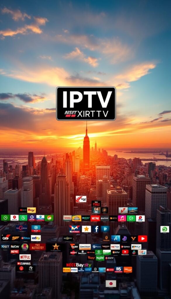 A breathtaking panorama of diverse IPTV channels, showcasing the boundless world of entertainment. In the foreground, a sleek IPTVANBIETERTV logo stands tall, radiating a sense of premium quality. The middle ground is filled with a vibrant mosaic of colorful logos and icons, representing the vast array of programming options available. In the background, a softly blurred cityscape with towering skyscrapers and a stunning sunset sky, creating a sense of urban sophistication. The overall scene is bathed in a warm, cinematic lighting, evoking a feeling of comfort and immersion. The composition is balanced and harmonious, inviting the viewer to explore the endless possibilities of IPTV Programmvielfalt.
