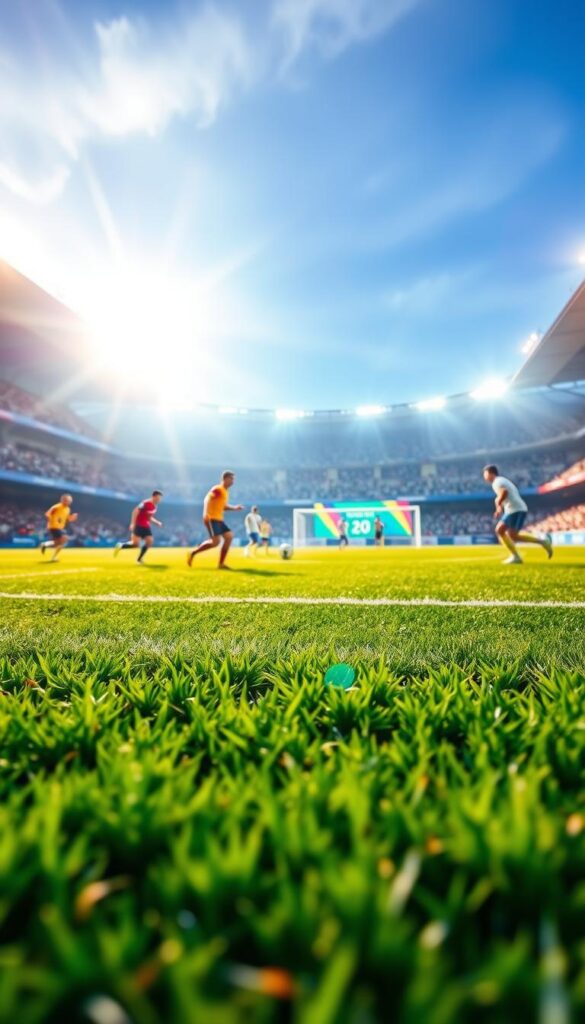 A bright, high-quality IPTV streaming setup with vivid, crystal-clear visuals of a soccer match during the FIFA World Cup. A state-of-the-art IPTVANBIETERTV service providing a seamless, immersive viewing experience, with a sharp, detailed image and smooth playback. The pitch is rendered with lush, verdant grass, and the players' movements are captured with lifelike fluidity. Warm, natural lighting illuminates the scene, creating a sense of energy and excitement. The camera angle is positioned at eye level, putting the viewer right in the middle of the action, creating a sense of presence and engagement.