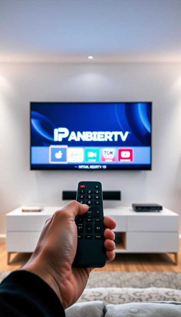 A bright, modern home interior with sleek, minimalist design. A large, high-definition TV screen is mounted on the wall, displaying the logo and interface of the "IPTVANBIETERTV" IPTV app. In the foreground, a person's hands are shown holding a modern, slim remote control, about to press a button to start the app installation process. Soft, diffused lighting illuminates the scene, creating a warm and inviting atmosphere. The background features clean, white walls and subtle, modern decor elements, keeping the focus on the TV and the app installation experience.
