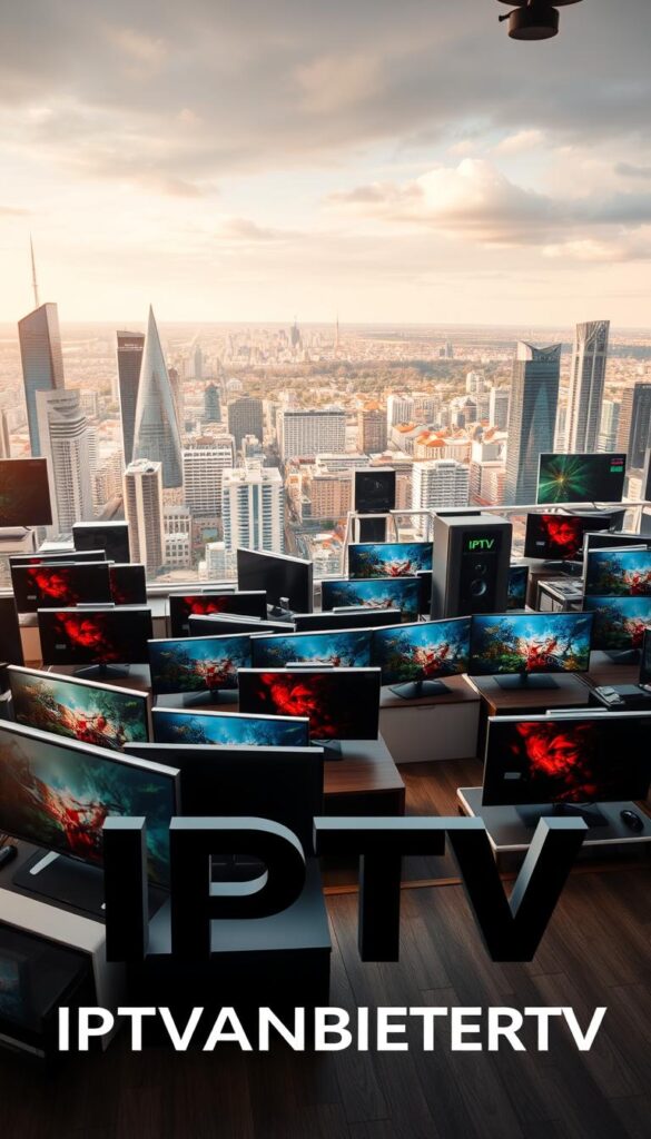 A bustling IPTV-Markt in Deutschland, with a myriad of providers offering seamless TV experiences across all devices. In the foreground, the bold IPTVANBIETERTV logo stands out, symbolizing the industry's growth. The middle ground showcases a diverse array of modern, sleek television sets, each representing the different IPTV packages available. In the background, a cityscape filled with high-rise buildings and a vibrant urban landscape sets the scene, reflecting the widespread adoption of IPTV technology in the country. The lighting is soft and warm, creating a welcoming atmosphere, while the camera angle provides a comprehensive view of the thriving IPTV market in Germany.