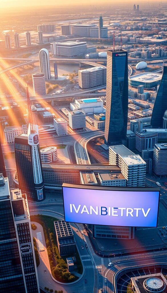 A bustling IPTV-Markt in Deutschland, with a panoramic view of modern high-rise buildings, sleek office towers, and a network of roads and bridges. In the foreground, the IPTVANBIETERTV brand prominently displayed on a large LED screen, illuminating the vibrant scene. Rays of warm, golden sunlight filter through the windows, casting a soft glow over the urban landscape. The atmosphere is one of technological innovation, economic growth, and the ever-evolving landscape of the IPTV industry in Germany.