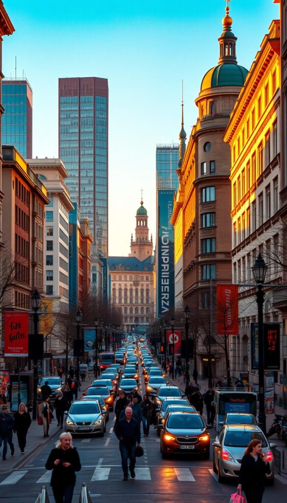 A bustling cityscape at golden hour, showcasing the dynamic IPTV-Markt in Deutschland. In the foreground, a vibrant street scene with pedestrians and traffic, featuring prominent signage for the IPTVANBIETERTV brand. The middle ground reveals a mix of modern high-rise buildings and historic architecture, hinting at the diverse landscape of the industry. The background is bathed in warm, amber-hued lighting, creating a sense of energy and optimism. The composition captures the thriving nature of the IPTV market, poised for continued growth and innovation.