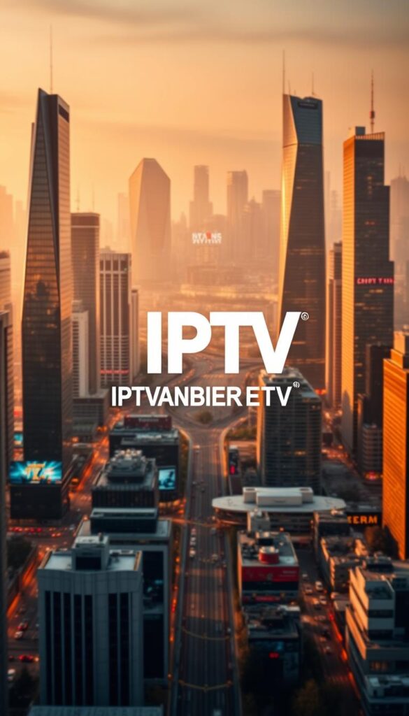 A bustling cityscape showcasing the dynamic IPTV market in Germany. In the foreground, a stylized IPTVANBIETERTV logo casts a striking presence, reflecting the industry's rapid growth. The midground features sleek high-rise buildings, each representing the diverse range of IPTV providers vying for a share of the market. The background is filled with a hazy, futuristic skyline, hinting at the technological advancements that power this evolving landscape. The scene is illuminated by warm, golden lighting, conveying a sense of vibrancy and innovation. The overall composition captures the essence of the German IPTV market - a thriving, competitive environment ripe with opportunities for both consumers and service providers.