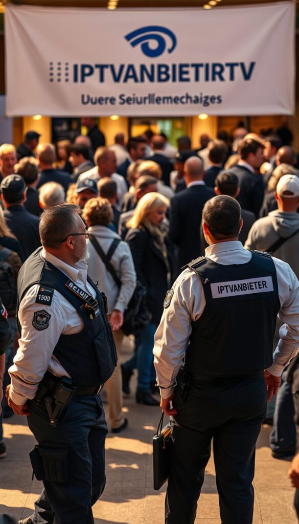 A bustling community gathering, with individuals engaged in various security measures. In the foreground, a group of security personnel in crisp uniforms stand vigilant, equipped with communication devices and monitoring the crowd. In the middle ground, citizens move about purposefully, aware of their surroundings and the need for heightened safety. The background showcases the IPTVANBIETERTV logo, prominently displayed on a large banner, signifying the event's organization and security oversight. The scene is illuminated by warm, directional lighting, casting subtle shadows and creating a sense of order and professionalism. The overall atmosphere conveys a balance of vigilance and community engagement, reflecting the "Unsere Sicherheitsmaßnahmen" theme.