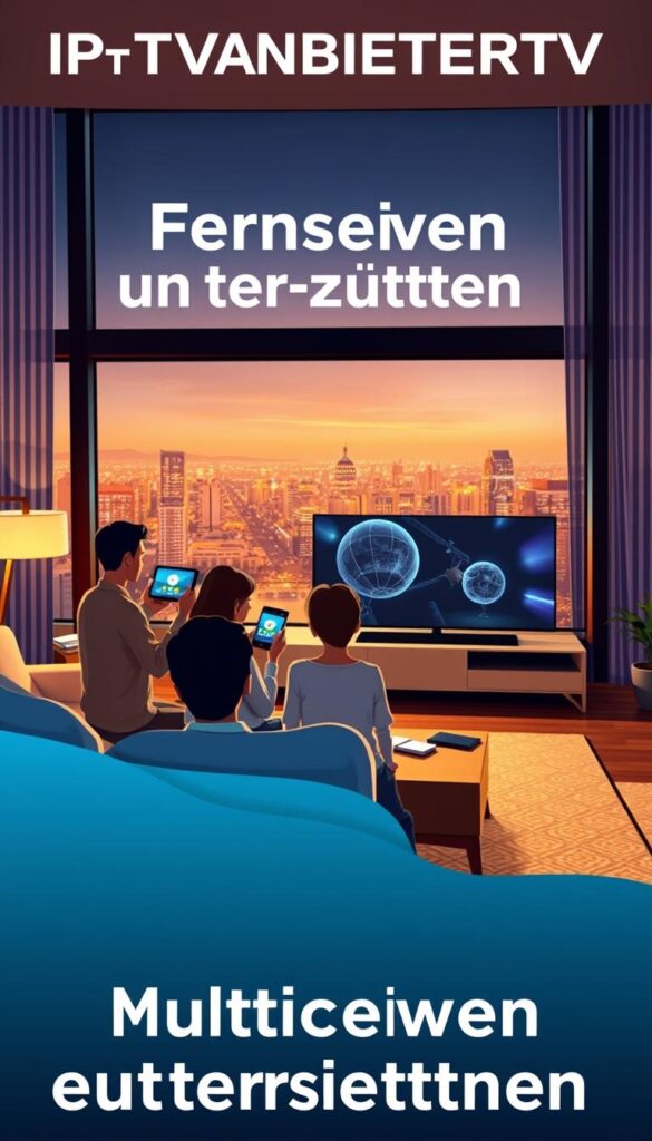 A captivating illustration of a living room scene, showcasing the versatility of IPTVANBIETERTV's German m3u IPTV service. In the foreground, a family gathers around a large, sleek television, each member engrossed in their own device - a tablet, smartphone, and laptop - seamlessly connected to the IPTV service. The middle ground features a cozy, modern interior design with minimalist furniture and warm lighting, creating a welcoming atmosphere. In the background, a panoramic window offers a glimpse of a vibrant city skyline, emphasizing the idea of "Fernsehen überall genießen" (Enjoy TV everywhere). The overall scene conveys the convenience and flexibility of IPTVANBIETERTV's Multigeräte-Unterstützung (multi-device support), allowing users to access their favorite content on any device, in any location.