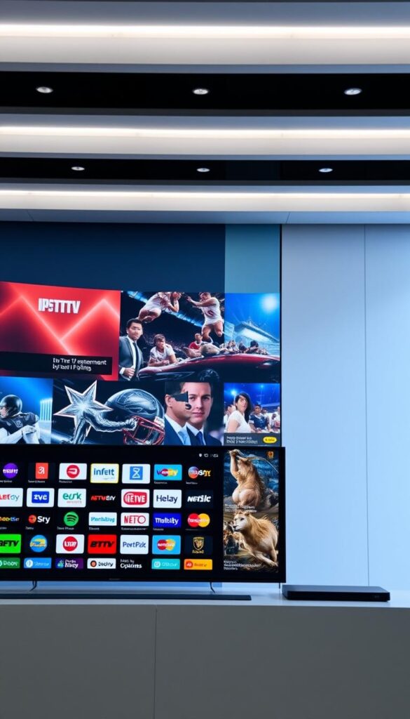 A captivating scene of an expansive IPTV channel lineup, showcasing the diverse entertainment options available at IPTVANBIETERTV. The foreground features a sleek, modern interface displaying a grid of channel logos, each representing a distinct genre or region. The middle ground depicts a variety of content, from live news broadcasts to thrilling sports events, all rendered in vibrant, high-definition quality. The background encompasses a sophisticated, minimalist design, with subtle lighting and clean lines, creating a sense of elegance and technology. The overall atmosphere conveys the unlimited possibilities and convenience of the IPTV service, inviting the viewer to immerse themselves in a world of boundless entertainment.