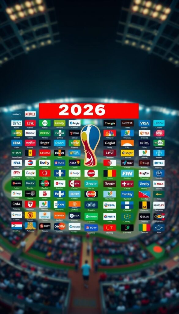 A cinematic aerial view of a comprehensive IPTV channel guide for the 2026 FIFA World Cup, showcasing a vast array of available channels across various categories. The image features a clean, minimalist design with a vibrant color palette, highlighting the IPTVANBIETERTV brand prominently. The channels are neatly organized in a grid-like layout, conveying a sense of order and accessibility. The background is a softly blurred stadium scene, with subtle stadium lighting creating a warm, immersive atmosphere. The overall composition is balanced, with a focus on the IPTV channel guide as the central element, capturing the essence of the subject matter.