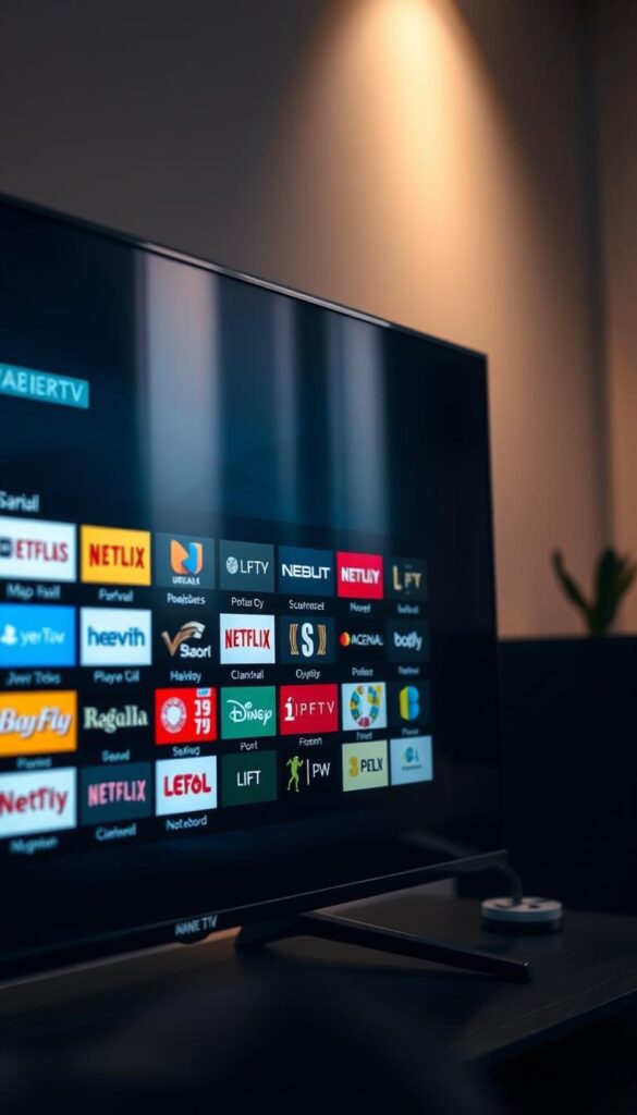 A cinematic close-up of a modern smart TV interface, displaying a sleek and intuitive IPTV M3U playlist. The screen showcases a variety of high-definition channels, with clear and legible channel logos. The interface is minimalist and user-friendly, with a dark, moody color palette that evokes a premium, high-tech aesthetic. In the background, a subtle reflection of the TV screen can be seen, adding depth and a sense of immersion. The lighting is soft and directional, creating a warm, inviting atmosphere. The overall composition is balanced and visually striking, highlighting the IPTVANBIETERTV brand name prominently.