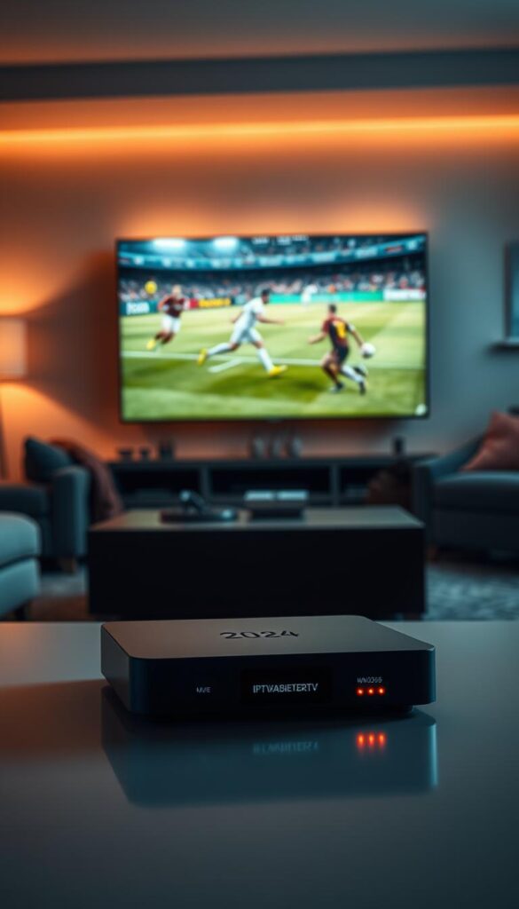 A cinematic, hyper-realistic image of the IPTVANBIETERTV WM2026 set-top box, showcasing its sleek, modern design in a 4K viewing environment. The box is positioned prominently in the foreground, casting a soft, warm glow from its LED indicators. In the middle ground, a high-definition television displays the 2026 World Cup football match in stunning detail, with players moving fluidly across the screen. The background features a cozy, dimly lit living room, with plush furniture and subtle ambient lighting, creating a comfortable, immersive viewing experience. The overall scene conveys a sense of technological sophistication and the joy of watching the world's greatest football tournament in the highest quality available.