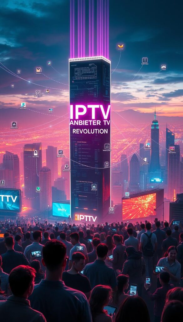 A cinematic landscape showcasing the "IPTV Revolution", with a futuristic cityscape bathed in a warm, vibrant glow. In the foreground, a towering holographic display emblazoned with the brand name "IPTVANBIETERTV" projects a sleek, modern interface. Floating data streams and digital interfaces weave through the scene, symbolizing the seamless integration of IPTV technology into everyday life. The middle ground features a diverse crowd of people, their faces illuminated by the glow of their connected devices, immersed in the digital entertainment revolution. In the background, a sweeping panorama of skyscrapers and advanced infrastructure, hinting at the vast technological advancements that enable this IPTV revolution. The overall mood is one of progress, innovation, and the transformative power of IPTV in the modern world.