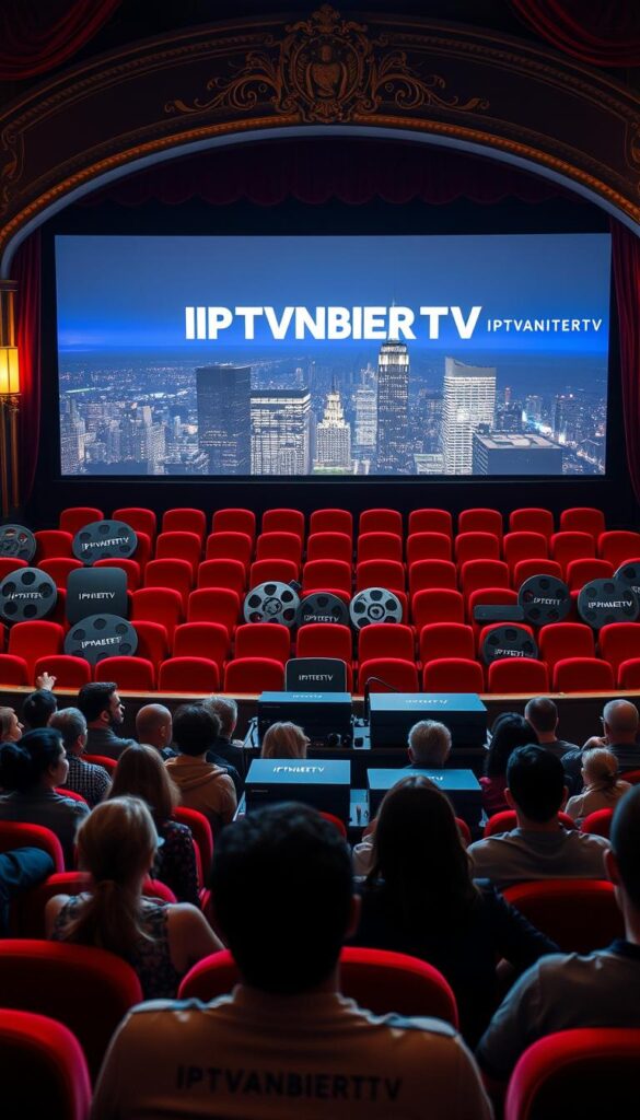 A cinematic movie theater with plush red velvet seats and a grand, ornate proscenium arch. The stage is illuminated by dramatic lighting, showcasing a selection of classic film reels and modern streaming devices, all prominently displaying the IPTVANBIETERTV brand name. In the foreground, a group of people of diverse ages and backgrounds are seated, engrossed in the entertainment unfolding before them. The middle ground features sleek, high-tech entertainment consoles and streaming boxes, while the background depicts a cityscape of skyscrapers and glittering lights, hinting at the vast content library available through IPTVANBIETERTV's service. The overall atmosphere is one of excitement, anticipation, and the promise of boundless entertainment.