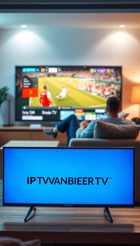 A cinematic scene depicting a modern living room setup showcasing IPTV and live TV streaming. The foreground features a sleek, minimalist TV display with the IPTVANBIETERTV brand prominently displayed. The middle ground shows a person comfortably lounging on a plush couch, engrossed in the live sports event playing on the screen. The background gently blurs to reveal a warm, well-lit interior with tasteful decor, conveying a sense of domestic comfort and entertainment. The lighting is soft and natural, enhancing the cozy atmosphere. The overall composition emphasizes the seamless integration of IPTV technology into the everyday living experience, contrasting the traditional television viewing.