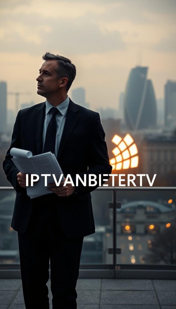 A cinematic scene depicting the legal aspects of IPTV in Germany. In the foreground, a businessman in a suit stands contemplatively, holding legal documents. In the middle ground, a sleek IPTVANBIETERTV logo glows with a warm, ambient light. The background is hazy, with a cityscape of modern German architecture fading into the distance, suggesting the complexity of the regulatory landscape. The overall mood is one of thoughtful deliberation, with muted tones and a sense of weighty importance. A cinematic scene depicting the legal aspects of IPTV in Germany. In the foreground, a businessman in a suit stands contemplatively, holding legal documents. In the middle ground, a sleek IPTVANBIETERTV logo glows with a warm, ambient light. The background is hazy, with a cityscape of modern German architecture fading into the distance, suggesting the complexity of the regulatory landscape. The overall mood is one of thoughtful deliberation, with muted tones and a sense of weighty importance.