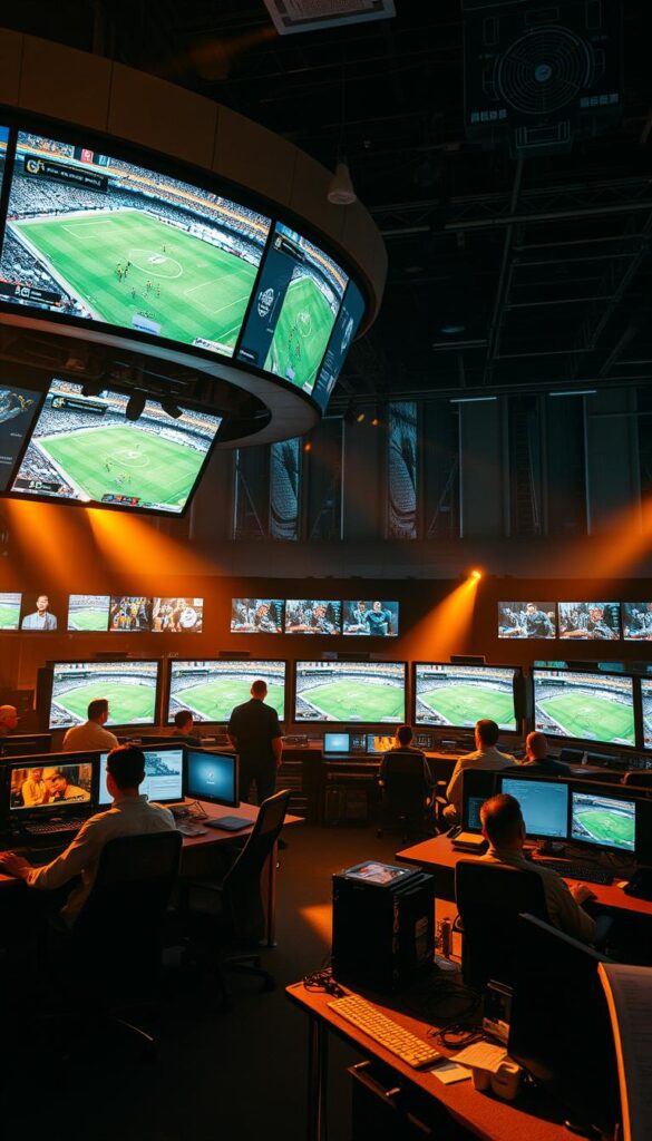 A cinematic wide-angle shot of a bustling IPTVANBIETERTV control room, filled with banks of monitors and technicians intently focused on their workstations. Warm, golden lighting casts dramatic shadows, conveying the high-stakes intensity of delivering a seamless, high-quality IPTV broadcast of the 2026 FIFA World Cup to millions of viewers worldwide. The foreground is dominated by a large, curved video wall displaying a live feed of the soccer match, while the middle ground features a maze of cables, equipment racks, and ergonomic chairs. The background blurs into a hazy, industrial aesthetic, hinting at the complex infrastructure required to power this global sports spectacle.