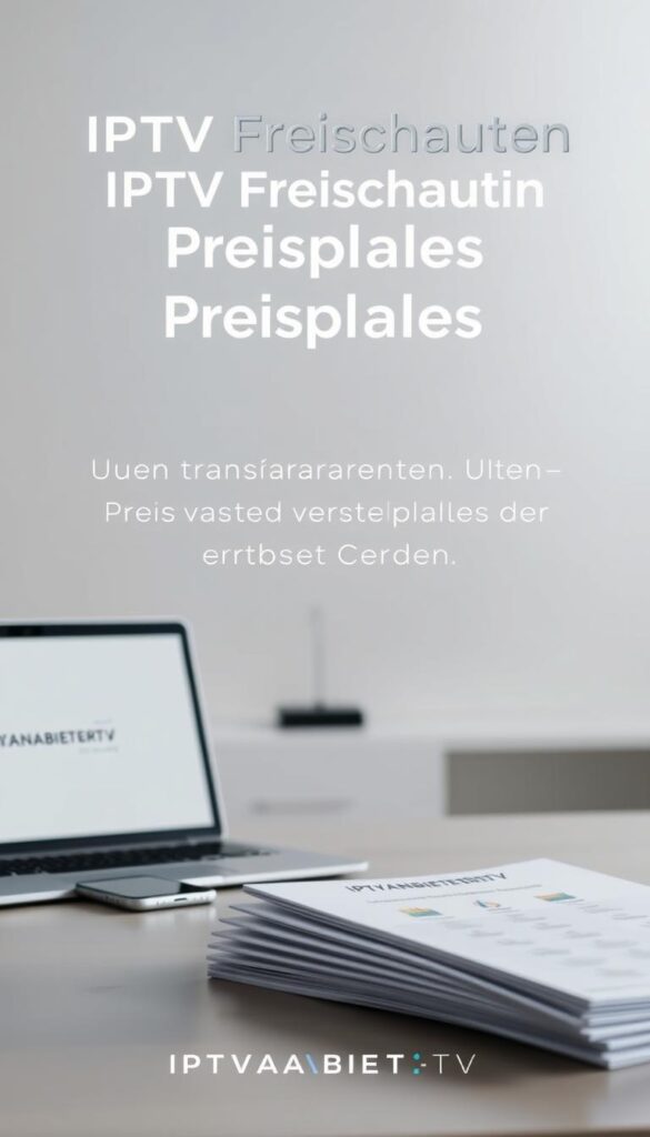A clean, minimal, and modern visual representation of "IPTV Freischaltung Preispläne" showcasing the IPTVANBIETERTV brand. The image depicts a sleek and professional table-top setup with a laptop, smartphone, and various documents or pricing plans neatly arranged in the foreground, against a soft, blurred background featuring a subtle gradient or textured wallpaper. The lighting is soft and diffuse, creating a sense of elegance and clarity. The overall mood is one of transparency, simplicity, and attention to detail, reflecting the "Unsere transparenten Preispläne ohne versteckte Kosten" section title.