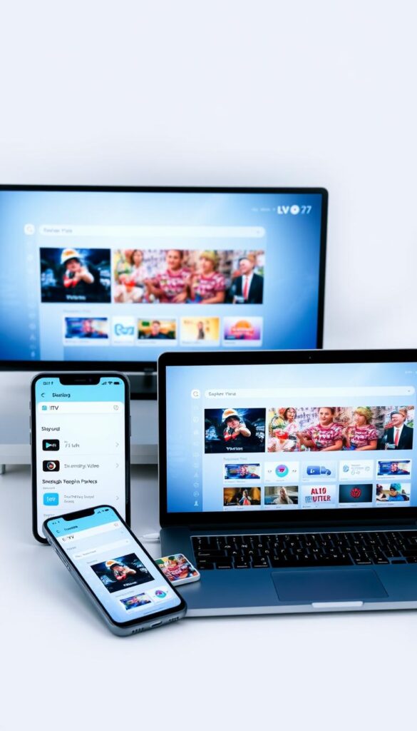 A clean, modern digital device display showcasing the IPTVANBIETERTV IPTV Smarters app interface across a variety of devices - a smart TV, tablet, smartphone, and laptop. The devices are arranged in a dynamic, three-dimensional composition, captured in soft, even lighting to highlight the sleek designs. The app interface displays high-quality video playback, a user-friendly menu system, and intuitive controls, conveying the seamless multi-device experience. The overall mood is one of technological sophistication and user-friendly accessibility, reflecting the app's reliable performance across diverse platforms.