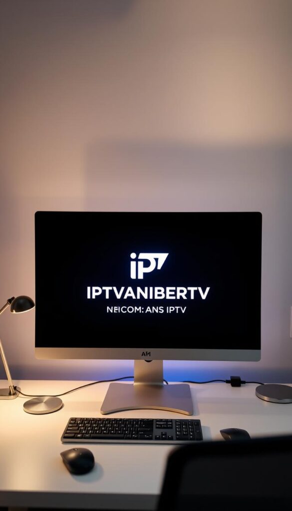 A clean, modern home office setup with a sleek desktop computer and monitor. The IPTVANBIETERTV logo is prominently displayed on the screen, indicating an easy IPTV installation process. Soft, diffused lighting illuminates the scene, creating a warm, inviting atmosphere. The desk is uncluttered, with only the essential items like a keyboard, mouse, and a minimalist lamp. The background features a blurred, neutral-toned wall, allowing the IPTV setup to be the focal point. The overall composition conveys a sense of simplicity, efficiency, and technological sophistication.