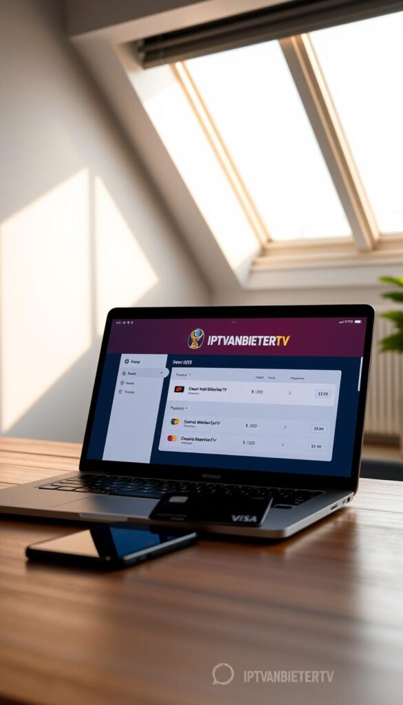 A clean, well-lit and modern interior setting with a laptop, smartphone, and credit card prominently displayed on a minimalist wooden desk. The laptop screen shows the IPTVANBIETERTV logo and a simple, intuitive user interface for selecting FIFA 2026 IPTV subscription plans and payment options. Soft, directional lighting from a large window casts a warm glow, creating a sense of professionalism and reliability. The overall scene conveys an efficient, seamless IPTV subscription process for the upcoming FIFA 2026 World Cup.