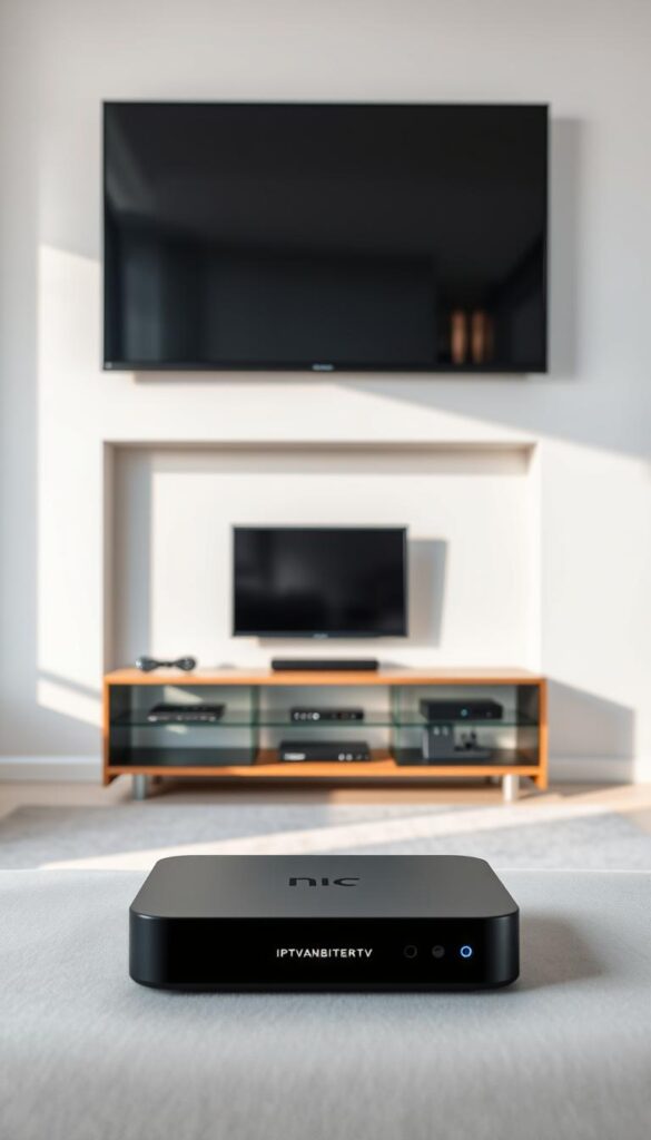 A clean, well-lit interior of a modern living room with a large flat-screen TV mounted on the wall. In the foreground, a sleek, black IPTVANBIETERTV set-top box is prominently displayed, its LED indicator lights glowing softly. The middle ground features a minimalist, wood-and-glass entertainment center, with various remote controls and streaming devices neatly arranged. The background showcases a large window, allowing natural light to flood the space and creating a warm, inviting atmosphere. The overall scene conveys a sense of simplicity, technology, and comfortable home entertainment.