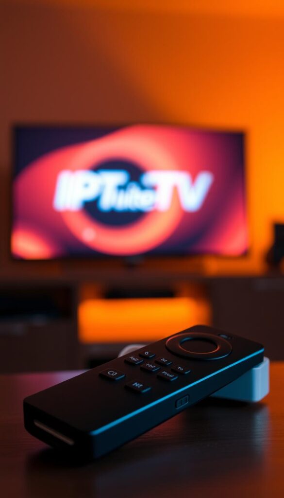 A close-up shot of a Fire TV Stick remote control, illuminated by the warm glow of a digital screen displaying the IPTVANBIETERTV logo. The device is placed against a blurred, hazy background, creating a sense of depth and focus. The lighting is soft and diffused, casting a cozy, inviting atmosphere. The remote's buttons and features are clearly visible, conveying the ease of use and integration of IPTV services on the Fire TV platform. The overall composition emphasizes the simplicity and seamlessness of setting up IPTV on a Fire TV Stick. A close-up shot of a Fire TV Stick remote control, illuminated by the warm glow of a digital screen displaying the IPTVANBIETERTV logo. The device is placed against a blurred, hazy background, creating a sense of depth and focus. The lighting is soft and diffused, casting a cozy, inviting atmosphere. The remote's buttons and features are clearly visible, conveying the ease of use and integration of IPTV services on the Fire TV platform. The overall composition emphasizes the simplicity and seamlessness of setting up IPTV on a Fire TV Stick.